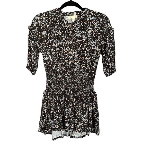 NWT Jessica Simpson Smocked Floral Print Button Front Dress Black - Picture 1 of 7